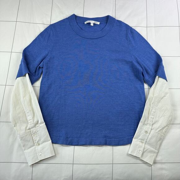 Veronica Beard Sweater Top Women Large Blue White Roscoe Merino Wool Mixed Media - Picture 3 of 9